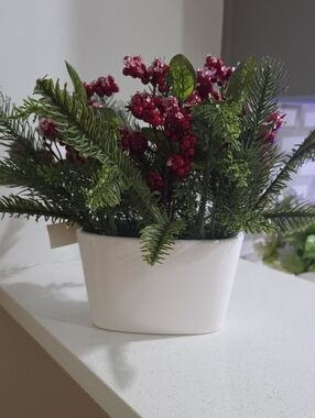 White Ceramic Planter with Red Berry and Green Pine Artificial Arrangement